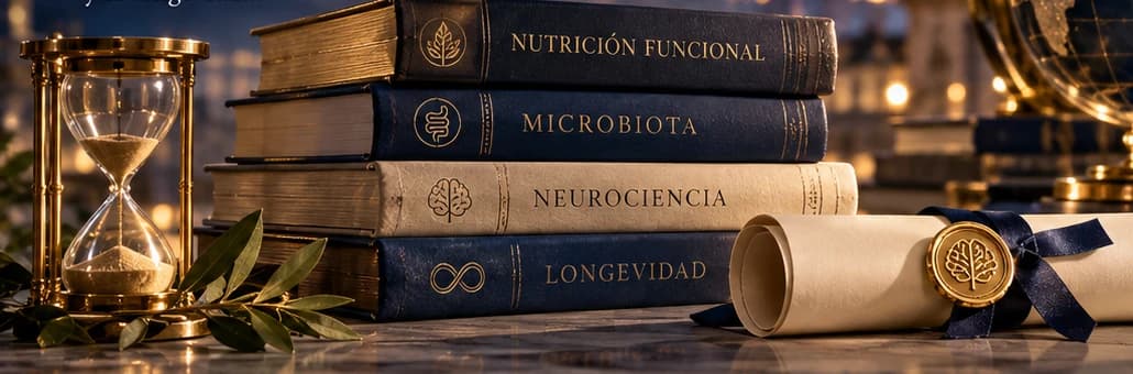 Libros de nutrición funcional, microbiota, neurociencia y longevidad junto a un diploma