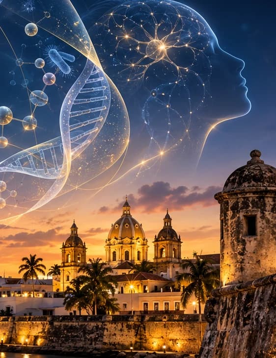 Ilustración del cerebro y el ADN sobre el paisaje de Cartagena al atardecer